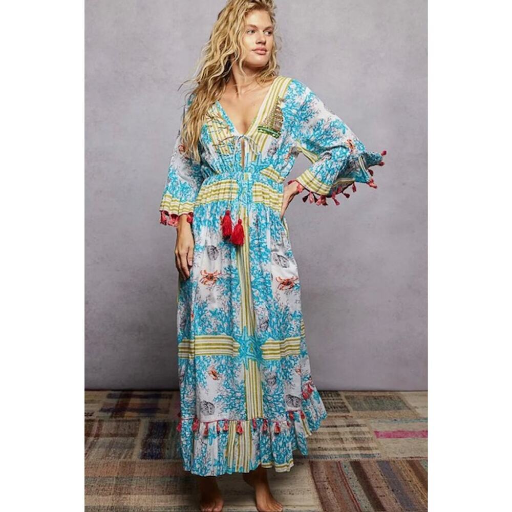 POL - Beach Inspired Pattern Ruffle Sleeve Tassel Maxi Dress - Medium